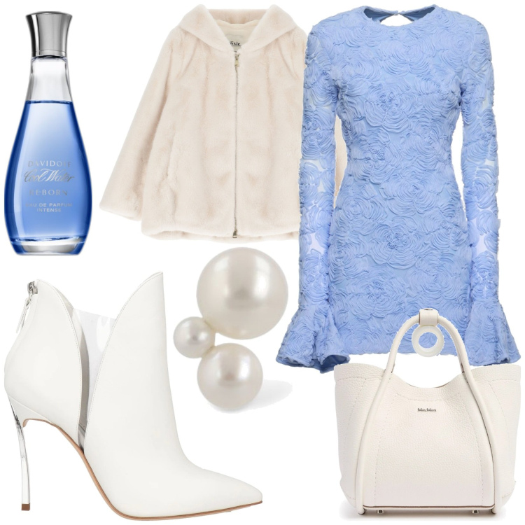 Outfit donna - Bianco celeste. Stile Glamour per Serata fuori. Abbinamento con stivaletti, profumi, blazer, vestiti, orecchini, borse a mano.