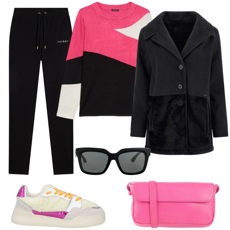 Outfit donna - Stile athleisure. Stile Sporty chic per Tutti i giorni. Abbinamento con sneakers, borse a tracolla, occhiali da sole, pantaloni sportivi, cappotti, maglieria.