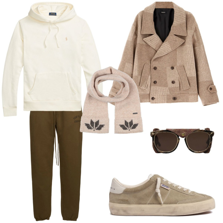 Outfit uomo - Color cioccolato. Stile Trendy per Tutti i giorni. Abbinamento con occhiali da sole, sciarpe, cappotti, felpe con cappuccio, sneakers, pantaloni.