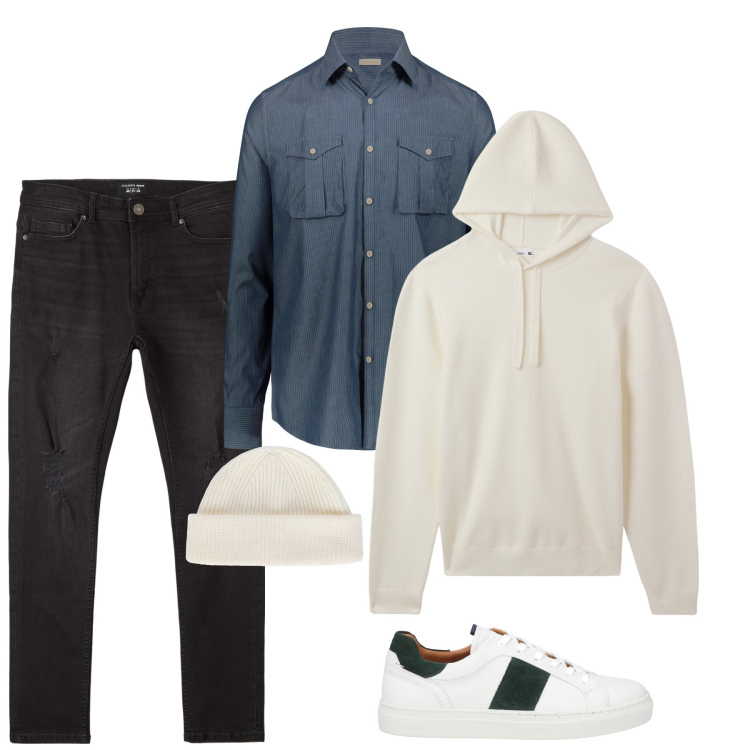 Outfit uomo - Camicia e felpa. Stile Urban per Tutti i giorni. Abbinamento con sneakers, jeans strappati, maglieria, camicie, berretti.