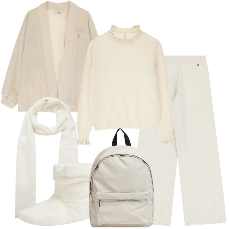 Outfit donna - Total look #2054845. Stile Casual chic per Tutti i giorni. Abbinamento con pantofole, zaini, sciarpe, pantaloni a palazzo, blazer, maglieria.