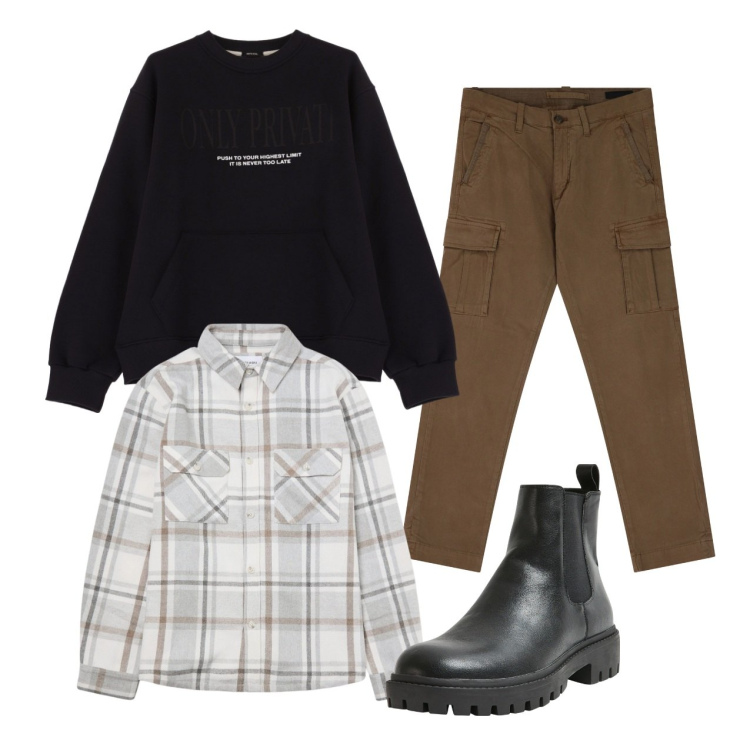 Outfit uomo - Tabacco e nero. Stile Casual per Tutti i giorni. Abbinamento con stivali e stivaletti, cappotti, pantaloni cargo, felpe.
