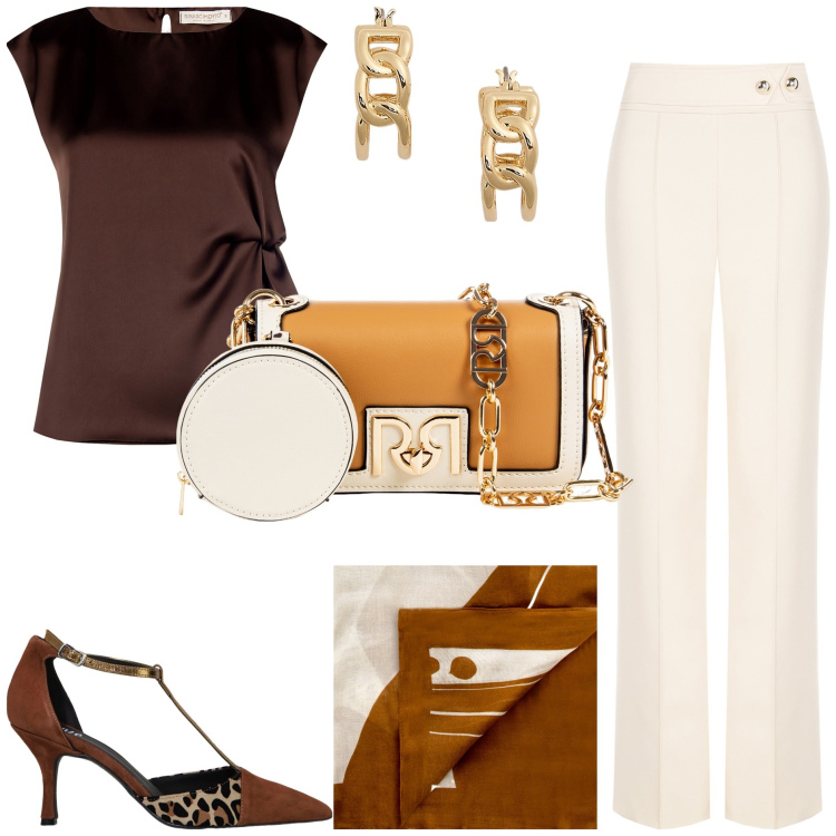 Outfit donna - Rinascimento - SS25. Stile Chic per Tutti i giorni. Abbinamento con décolleté, top, pantaloni, pochette, sciarpe, orecchini.