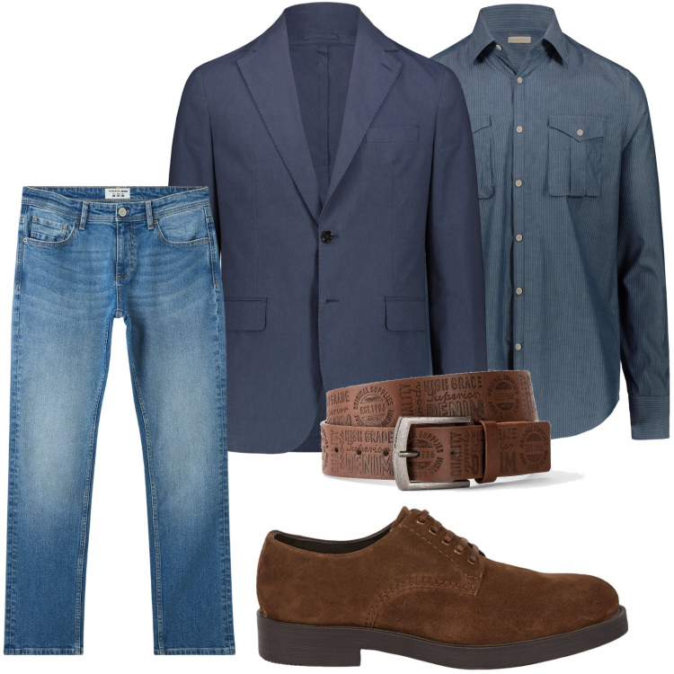 Outfit uomo - Sensazioni blu. Stile Urban per Ufficio. Abbinamento con cinture, jeans, camicie, giacche, scarpe stringate.