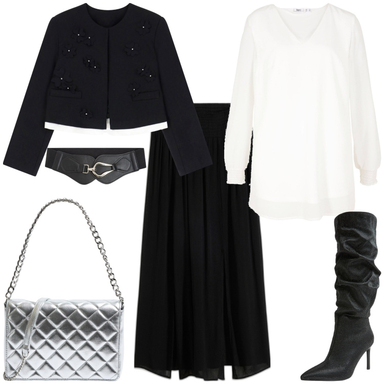 Outfit donna - Dettagli metallici. Stile Glamour per Serata fuori. Abbinamento con gonne lunghe, tuniche, stivali, borse a tracolla, cinture, blazer.
