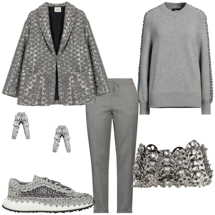 Outfit donna - Alla mostra d\'arte. Stile Glamour per Tutti i giorni. Abbinamento con borse a tracolla, pantaloni, pullovers, sneakers, orecchini, blazer.