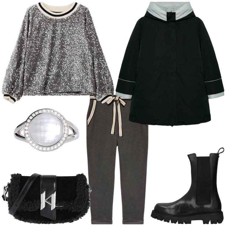 Outfit donna - Brillo. Stile Casual chic per Tutti i giorni. Abbinamento con stivaletti, borse a spalla, anelli, felpe, pantaloni chino, piumini.