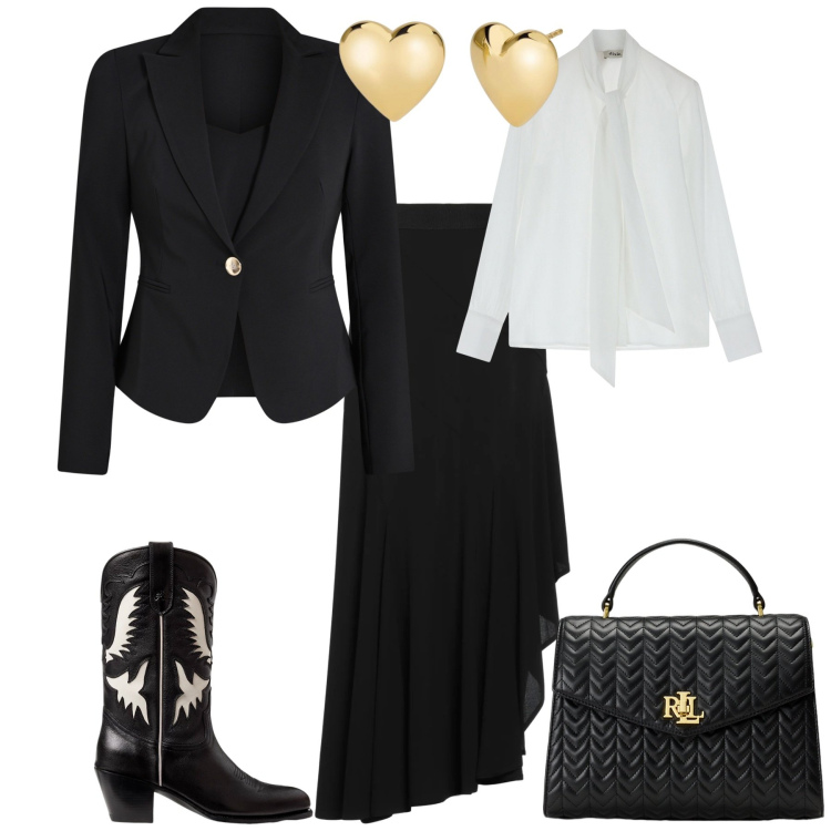 Outfit donna - Serata speciale evento glamour. Stile Glamour per Serata fuori. Abbinamento con gonne lunghe, orecchini, blazer, camicie, stivali, borse a mano.