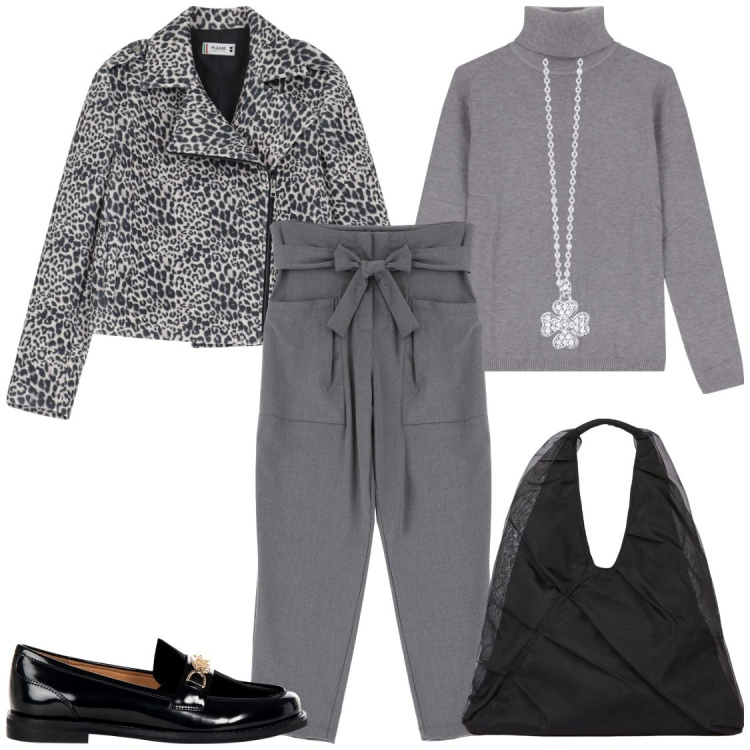 Outfit donna - Lunedì a lavoro in sede. Stile Casual chic per Tutti i giorni. Abbinamento con collane, mocassini, blazer, pantaloni, maglieria, shopping bag.