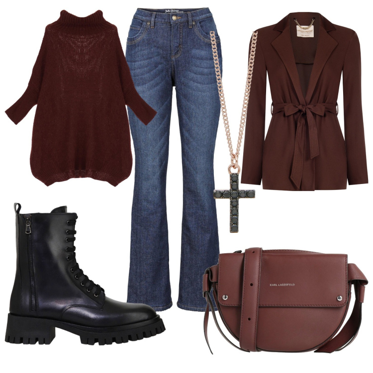 Outfit donna - Total look #2054894. Stile Trendy per Ufficio. Abbinamento con jeans bootcut, borse a tracolla, collane, stivali, blazer, maglieria.