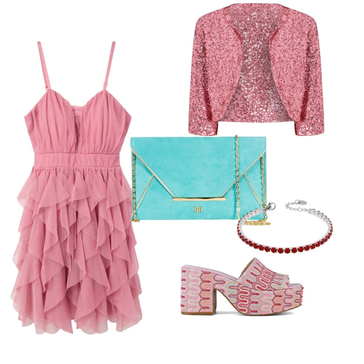 Outfit donna - Sbarazzina ad una cerimonia. Stile Trendy per Cerimonia. Abbinamento con blazer, pochette, vestiti corti, braccialetti, sabot.