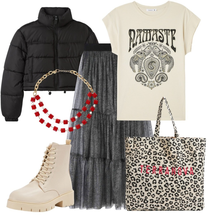 Outfit donna - Giovane sofisticata. Stile Boho per Tutti i giorni. Abbinamento con gonne, anfibi, shopping bag, t-shirt, blazer, collane.
