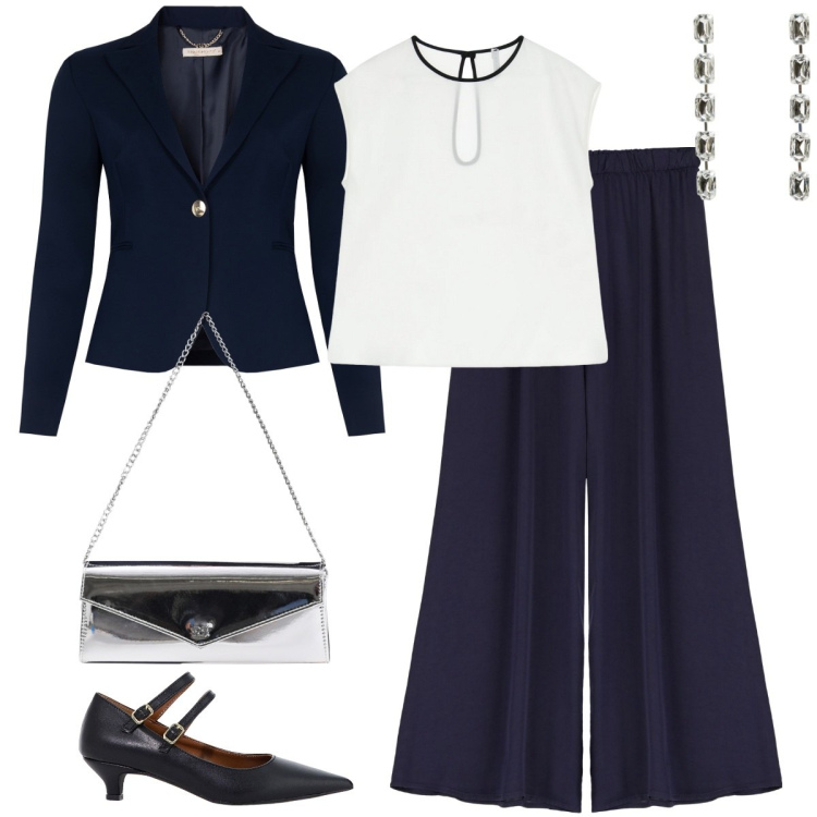 Outfit donna - Cerimonia informale. Stile Chic per Cerimonia. Abbinamento con orecchini, blazer, pochette, top, décolleté, pantaloni.