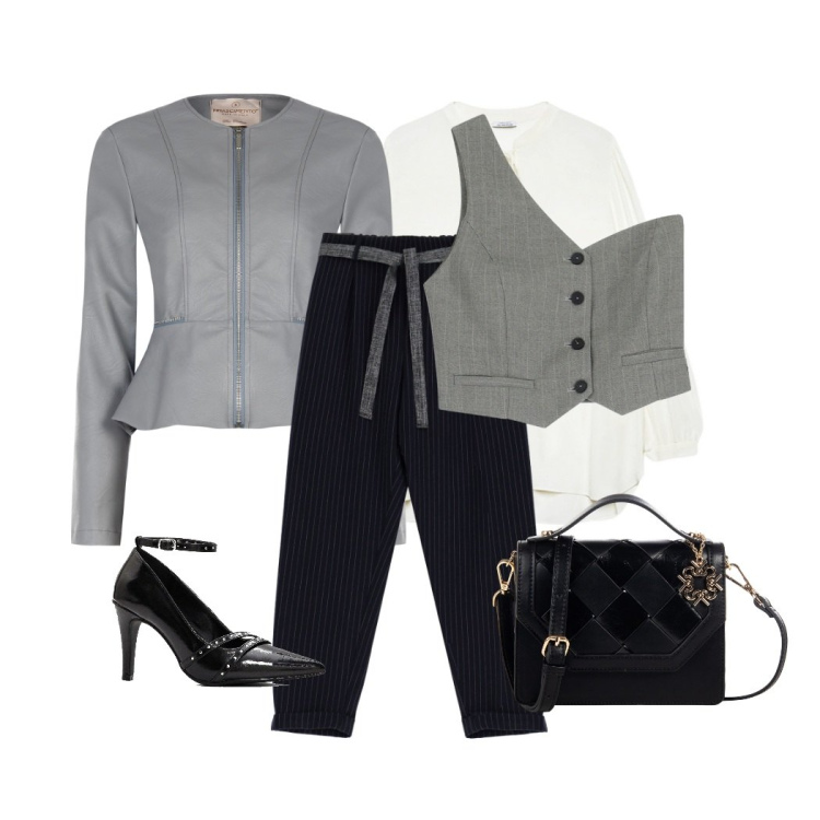 Outfit donna - Sinfonia in grigio. Stile Glamour per Ufficio. Abbinamento con décolleté, gilet, pantaloni, borse a tracolla, blazer, bluse.
