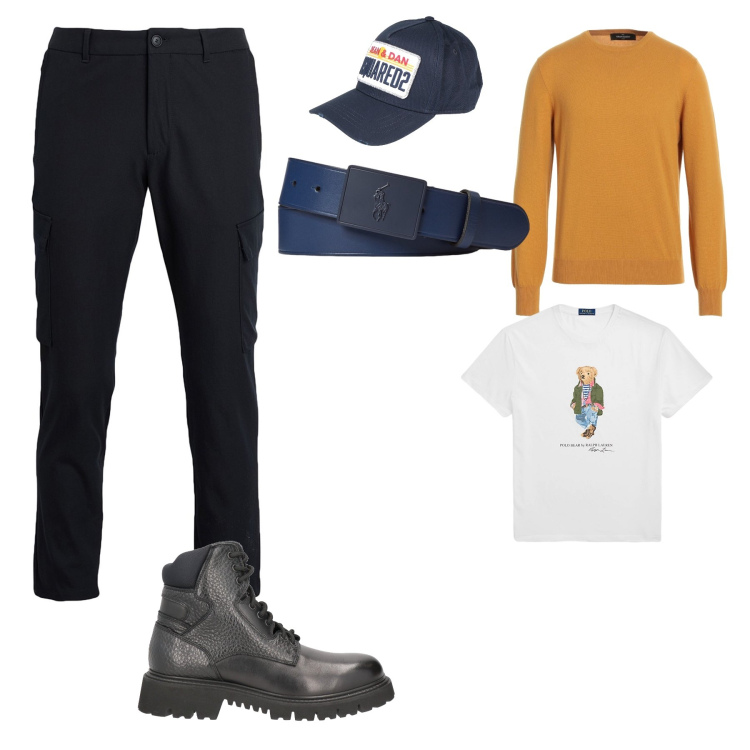 Outfit uomo - Cargo con stile. Stile Urban per Tutti i giorni. Abbinamento con cinture, t-shirt, anfibi, pullovers, pantaloni cargo, cappelli con visiera.