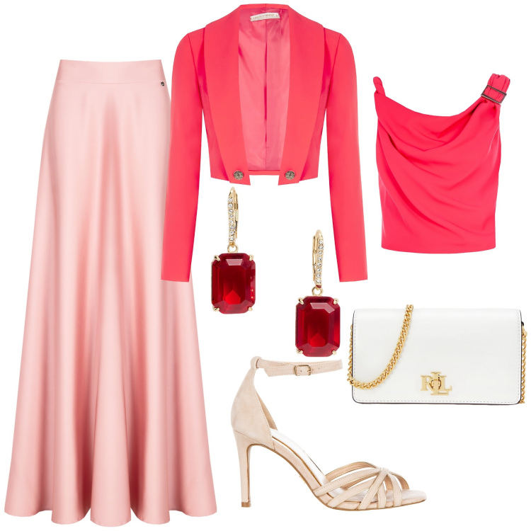 Outfit donna - Soft style. Stile Chic per Serata fuori. Abbinamento con gonne, top, sandali col tacco, bolero, orecchini, borse a mano.