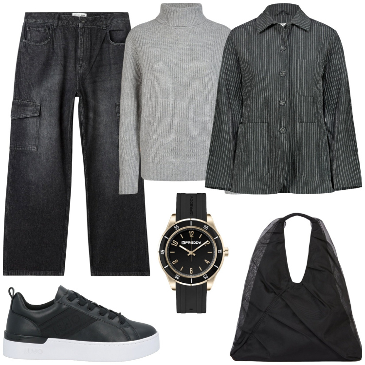 Outfit donna - Jeans cargo Nero denim. Stile Casual per Scuola/Università. Abbinamento con sneakers, jeans, orologi, maglieria, shopping bag, blazer.