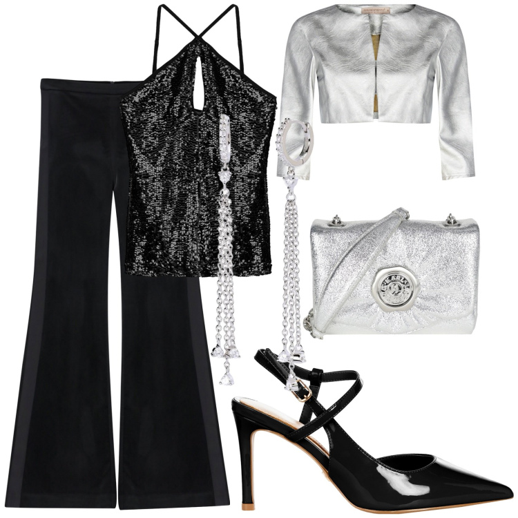 Outfit donna - Scintillante con l\'argento. Stile Glamour per Serata fuori. Abbinamento con borse a tracolla, orecchini, bolero, décolleté, top, pantaloni.