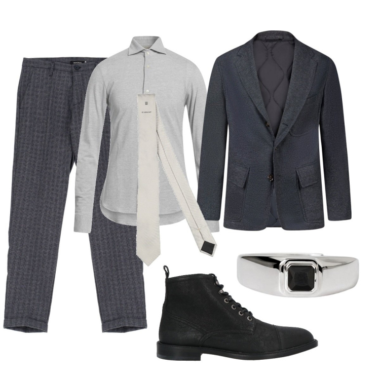 Outfit uomo - Il grigio chic. Stile Business/Elegante per Ufficio. Abbinamento con camicie, stivali e stivaletti, cravatte, anelli, pantaloni, giacche.