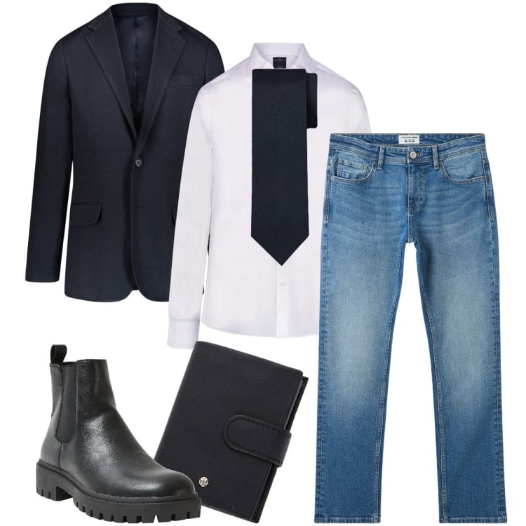 Outfit uomo - In ufficio così. Stile Business/Elegante per Ufficio. Abbinamento con jeans, stivali e stivaletti, portafogli, camicie, giacche, cravatte.