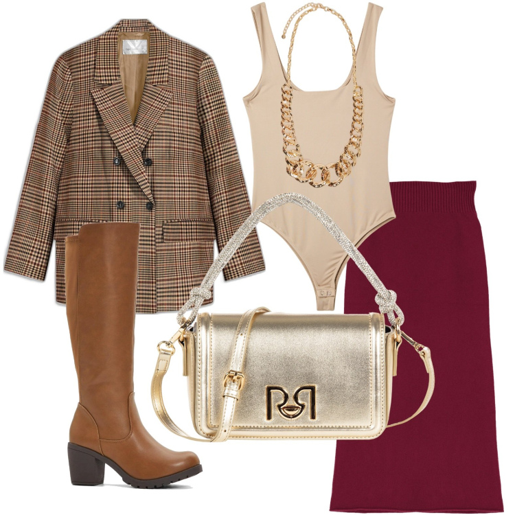 Outfit donna - Bentornato blazer oversize. Stile Minimal per Ufficio. Abbinamento con stivali, blazer, body, borse a mano, gonne longuette, collane.