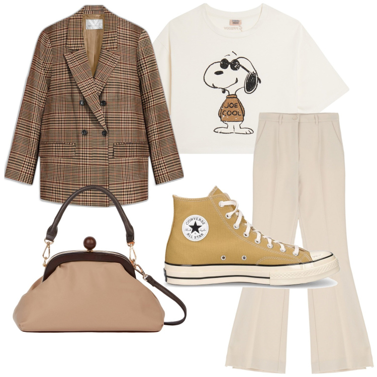 Outfit donna - Smile. Stile Casual per Ufficio. Abbinamento con blazer, pantaloni, t-shirt, clutch, sneakers.