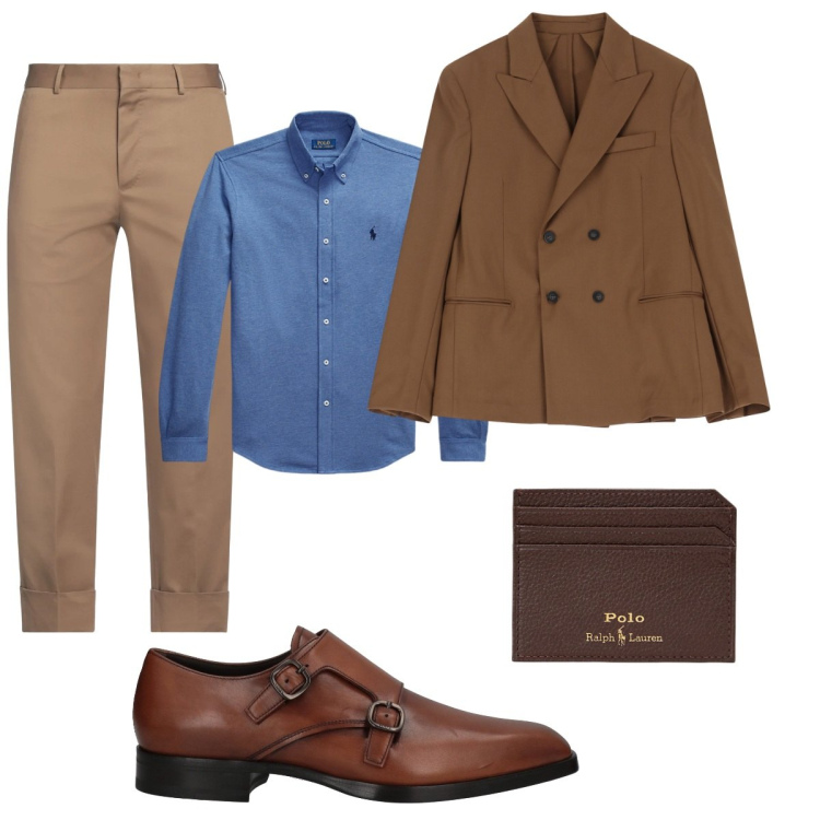 Outfit uomo - Total look. Stile Business/Elegante per Ufficio. Abbinamento con scarpe stringate, pantaloni chino, giacche, portafogli, camicie.