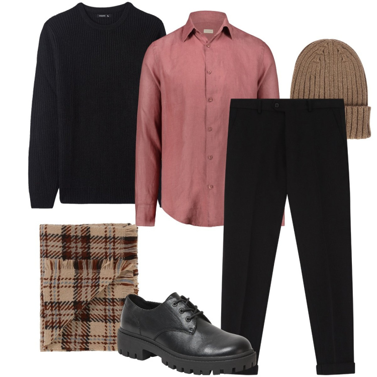 Outfit uomo - Ancora berretto e sciarpa. Stile Business/Elegante per Serata speciale. Abbinamento con scarpe stringate, maglieria, pantaloni, sciarpe, camicie, berretti.