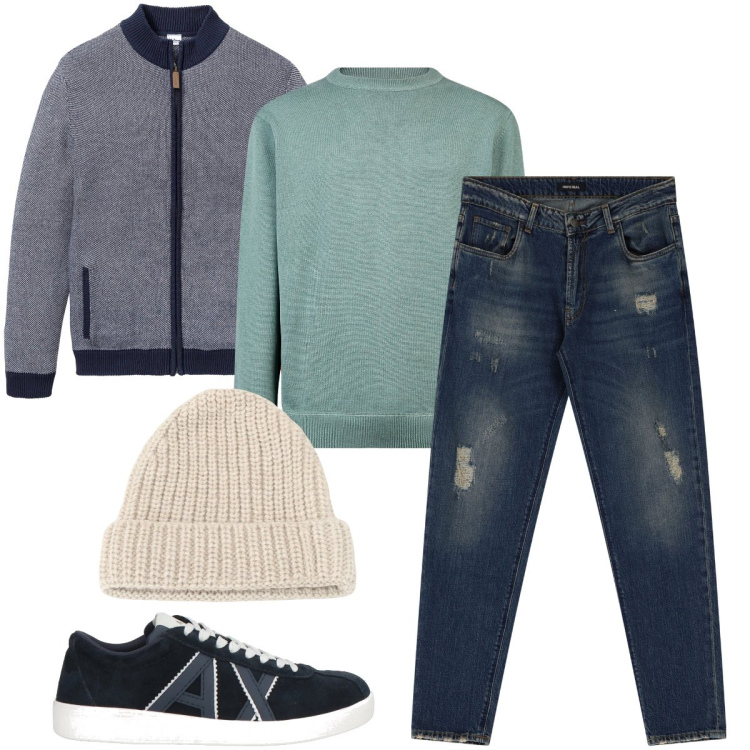 Outfit uomo - Il cardigan giubbino. Stile Urban per Tutti i giorni. Abbinamento con cardigans, sneakers, jeans dritti, berretti, maglieria.