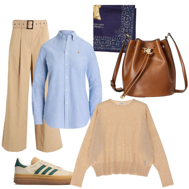 Outfit donna - Shopping in città. Stile Casual per Tutti i giorni. Abbinamento con pantaloni, camicie, foulard, borse a secchiello, pullovers, sneakers.