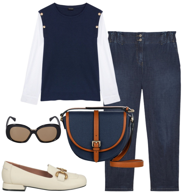 Outfit donna - City. Stile Urban per Tutti i giorni. Abbinamento con mocassini, borse a tracolla, canottiere, jeans, occhiali da sole, gilet.