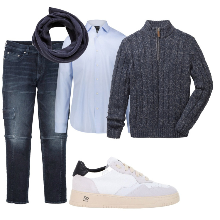 Outfit uomo - Total look #2054943. Stile Casual per Tutti i giorni. Abbinamento con maglieria, jeans slim fit, sciarpe, sneakers, camicie.