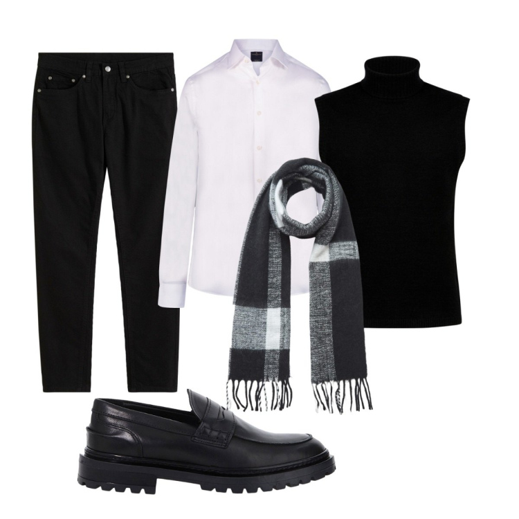 Outfit uomo - Total look #2054945. Stile Trendy per Tutti i giorni. Abbinamento con jeans slim fit, sciarpe, scarpe stringate, camicie, gilet.