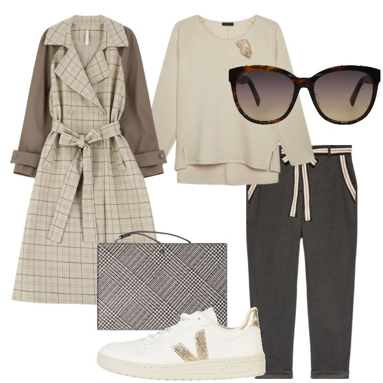 Outfit donna - Speciale: stile athleisure. Stile Trendy per Tutti i giorni. Abbinamento con sneakers, occhiali da sole, trench, pochette, pantaloni chino, felpe.