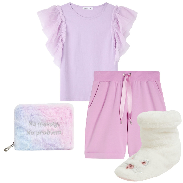 Outfit donna - No stress. Stile Casual per Tutti i giorni. Abbinamento con portafogli, pantofole, t-shirt, pantaloni corti.