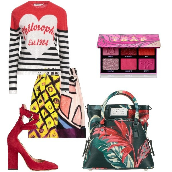 Outfit donna - Multicolor. Stile Trendy per Tutti i giorni. Abbinamento con borse a mano, pullovers, shorts, décolleté, ombretti.