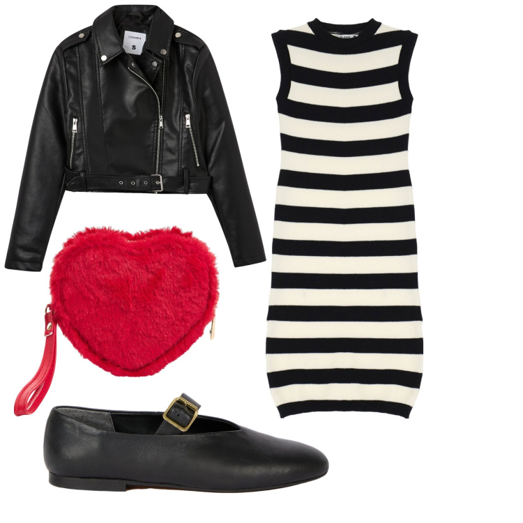Outfit donna - Saint Valentin. Stile Rock per Tutti i giorni. Abbinamento con portafogli, giacche, vestiti, ballerine.