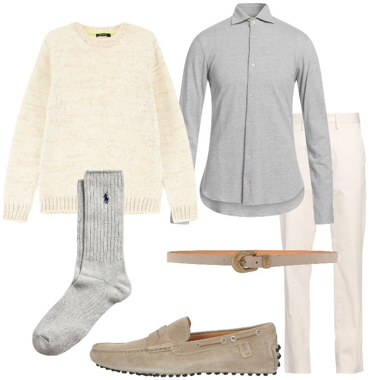 Outfit uomo - Pensando alla primavera. Stile Business/Elegante per Tutti i giorni. Abbinamento con camicie, scarpe stringate, cinture, pantaloni chino, maglieria, calzini.