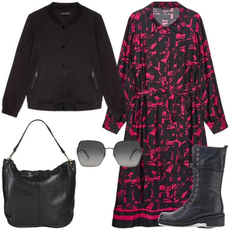 Outfit donna - Total look #2054997. Stile Urban per Tutti i giorni. Abbinamento con occhiali da sole, borse a spalla, anfibi, bomber, vestiti chemisier.