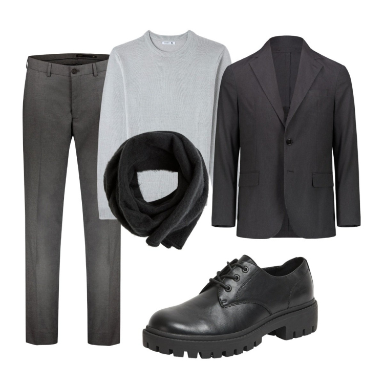 Outfit uomo - Total look senza camicia. Stile Business/Elegante per Ufficio. Abbinamento con scarpe stringate, sciarpe e foulard, maglieria, pantaloni, giacche.