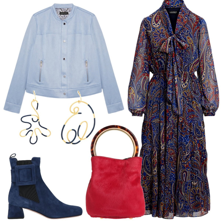 Outfit donna - Total look #2055006. Stile Boho per Tutti i giorni. Abbinamento con borse a secchiello, stivaletti, orecchini, vestiti, blazer.