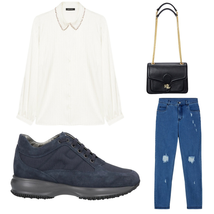 Outfit donna - White and Blue. Stile Casual per Ufficio. Abbinamento con sneakers, jeans skinny, borse a spalla, camicie.