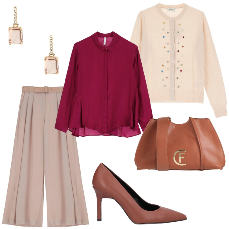 Outfit donna - Total look. Stile Casual chic per Serata fuori. Abbinamento con décolleté, borse a tracolla, pantaloni, camicie, cardigans, orecchini.