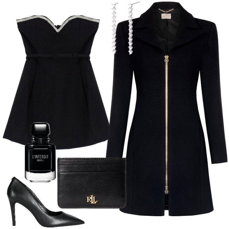 Outfit donna - L\'Interdit. Stile Chic per Serata fuori. Abbinamento con décolleté, profumi, orecchini, cappotti, vestiti corti, portafogli.