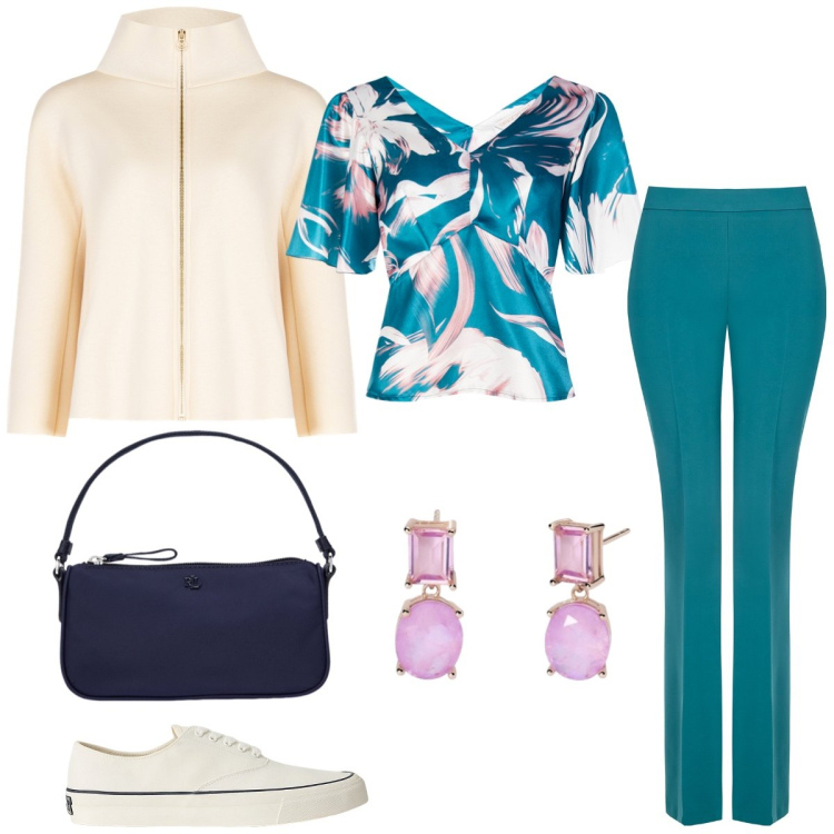 Outfit donna - Total look #2055016. Stile Casual chic per Tutti i giorni. Abbinamento con orecchini, bluse, pantaloni, cappe, sneakers, pochette.