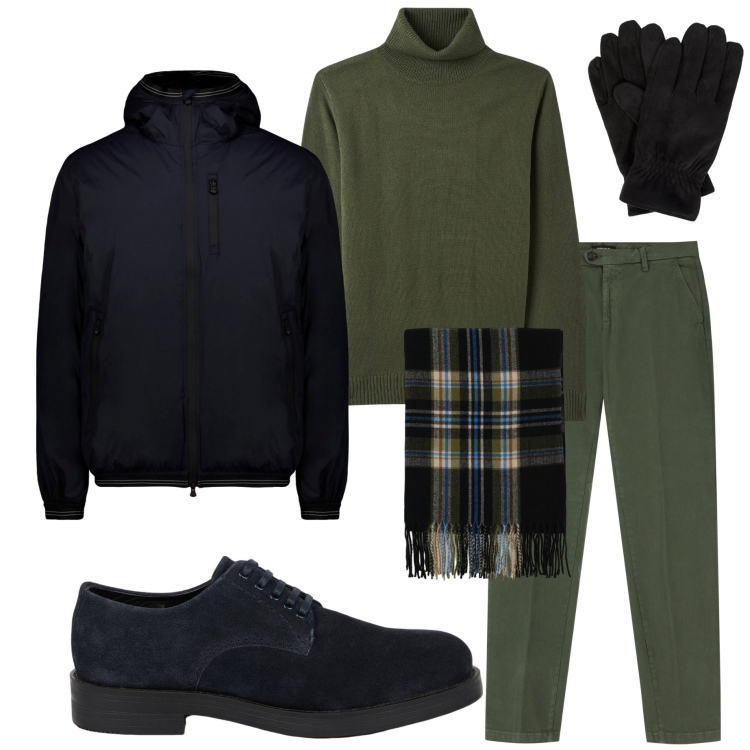 Outfit uomo - Verde militare. Stile Urban per Tutti i giorni. Abbinamento con maglieria, pantaloni chino, sciarpe, giacche, scarpe stringate, guanti.