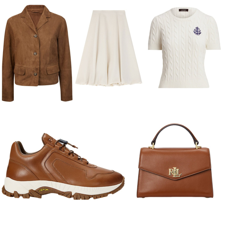 Outfit donna - Marrone Giornaliero. Stile Chic per Tutti i giorni. Abbinamento con gonne longuette, sneakers, borse a mano, t-shirt, blazer.
