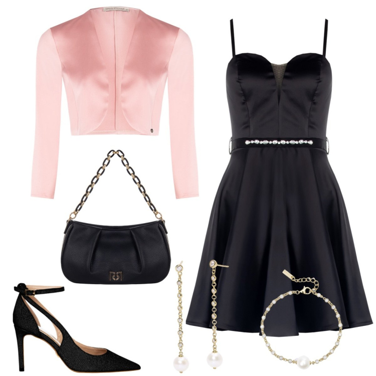 Outfit donna - Total look #2055020. Stile Glamour per Cerimonia. Abbinamento con orecchini, braccialetti, bolero, vestiti corti, borse a tracolla, décolleté.