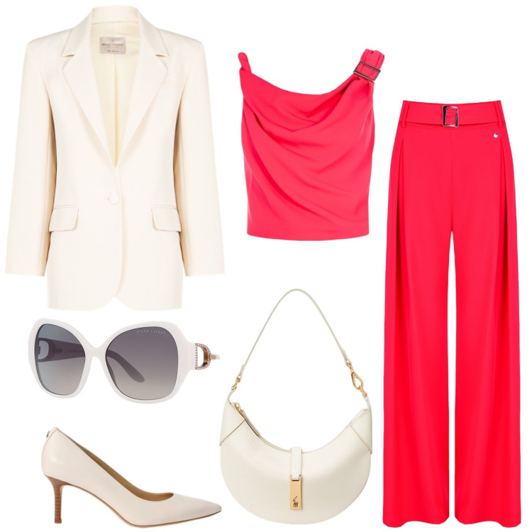 Outfit donna - Total look #2055022. Stile Chic per Ufficio. Abbinamento con pantaloni, blazer, top, borse a spalla, occhiali da sole, décolleté.