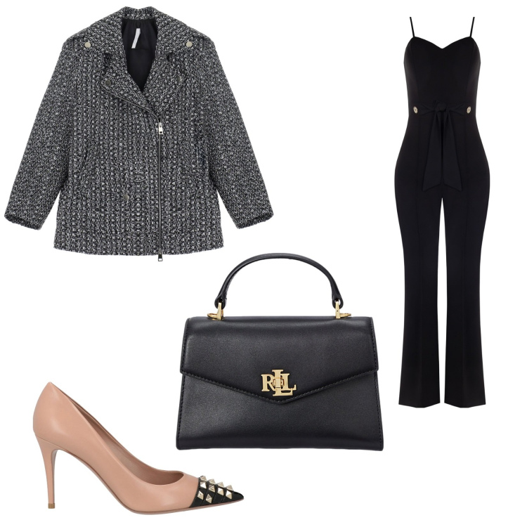 Outfit donna - Tuta con fiocco. Stile Sexy per Serata fuori. Abbinamento con décolleté, tute, blazer, borse a mano.